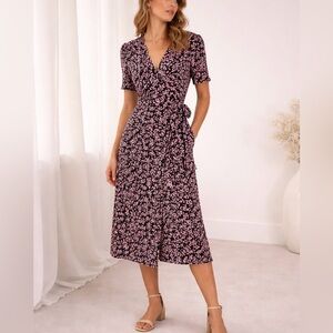 GANNI Black & Pink Floral Midi Short Sleeve Work Office Wrap Dress Size 2